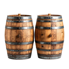 Obraz premium Two wooden barrels with iron bands and stoppers, isolated on black background