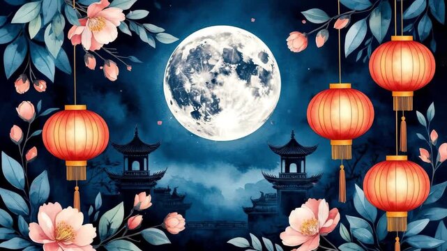 A vibrant scene of the Mid-Autumn Festival featuring a full moon, red lanterns, and lotus flowers against a dark blue background.
