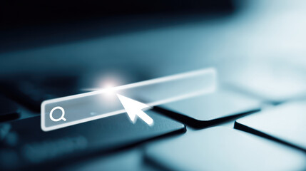 Digital literacy concept with search bar and cursor icon glowing on keyboard for online research and information access
