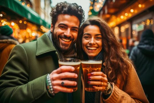 Happy couple toasting with beer on St. Patrick's Day