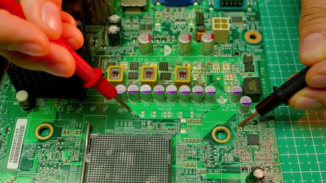 Hands repairing circuit board with tools