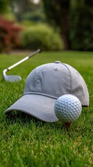Golfing essentials including a cap ball on a tee and club on a lush green course