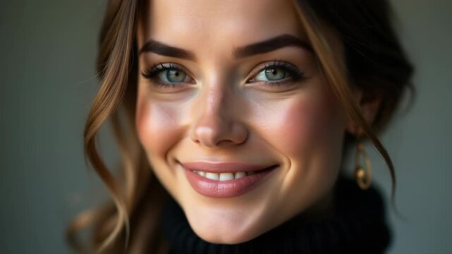 Video A close-up shot of a woman wearing a turtle neck sweater, perfect for use in editorial or commercial content