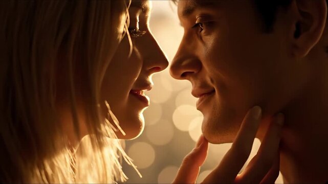 Cinematic sequence of a loving caucasian couple in a tender embrace. Beautiful blonde woman caressing her boyfriend's cheek in warm, romantic backlighting