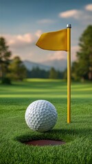 Obraz premium Golf ball poised on lush green grass next to a yellow flag on a sunny day