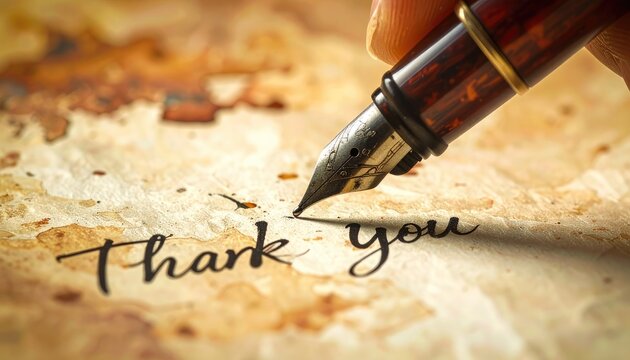 Close-up of a vintage fountain pen writing "Thank you" on aged, stained paper.