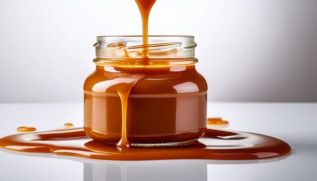 A Jar Of Thick Viscous Caramel Sauce Overflowing And Dripping Onto A White Surface