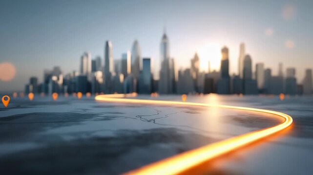 Glowing path and location marker guide navigation through urban city skyline, highlighting futuristic technology, travel innovation, and digital map journey sunrise with urban navigation and glowing