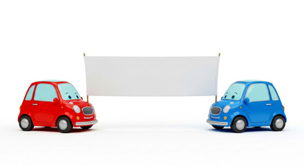 Two small cars, one red and one blue, facing each other beside a blank sign