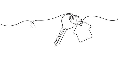 Continuous one line art drawing symbol of house keys, Single Line Vector Illustration, Real Estate Line Icon Vector Design, Continuous One Line Drawing Real Estate Icons Concept.