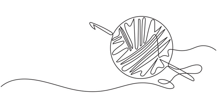 yarn and crochet hook continuous one line drawing, Knitting, ball of wool and needles Illustration, Balls of thread. Skein of knit. Vector art line, yarn ball and crochet hook crafting supplies pro.