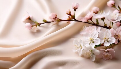 Fototapeta premium Spring Inspired Minimal Floral Composition Featuring Cherry Blossoms And Delicate Wildflowers On A Soft Ivory Silk Surface Gentle Natural Light Airy And Elegant Mood Perfect For Backgrounds
