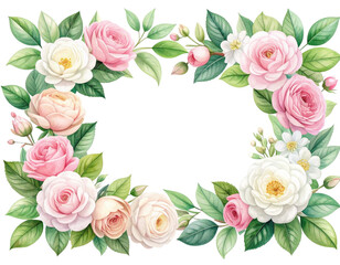 Spring Pink Rose Watercolor Floral Border Frame on Transparent Background