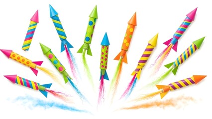 Colorful Celebration: Array of Patterned Firework Rockets with Vibrant Smoke Trails