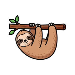 Fototapeta premium A cartoon sloth hanging upside down from a tree branch with green leaves on a white background.