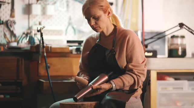 Female artisan crafting metalware in workshop