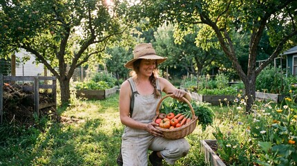 Obraz premium Happy female gardener holding basket of fresh organic vegetables. Harvesting tomatoes in garden. Sustainable lifestyle concept. Healthy food. Summer nature. Smiling farmer. Eco farming.