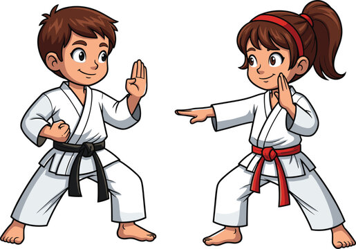 Cute cartoon boy and girl practicing karate, kids martial arts training, vector illustration for self defense, discipline, sports concept