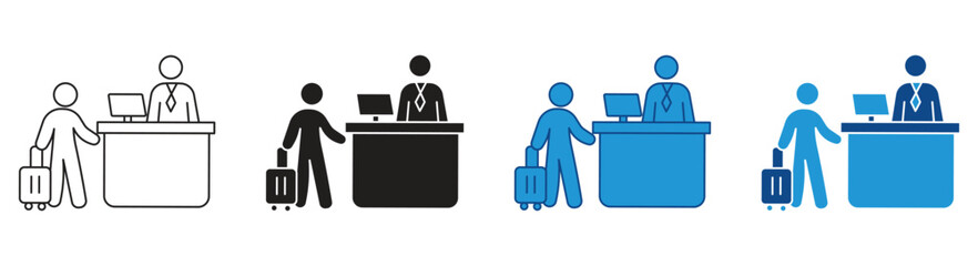 Airport Check-in icon set. Airport Check In Counter icon. Travel and airline service sign for flight boarding and hospitality desk. Vector illustration.