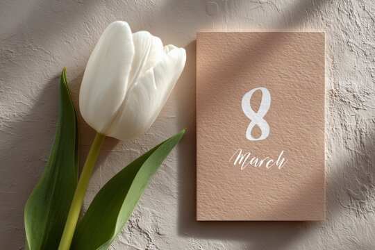 Elegance of a white tulip and a calligraphed card for International Women's Day on a pastel pink background