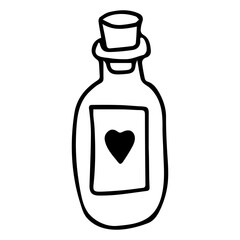 Hand-drawn glass bottle with a cork and a heart-shaped label for Love Day, Valentine's Day, and gifts. Vector illustration