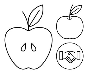 Fototapeta premium Apple icon. Apple design concepts an apple with seeds, a minimal sketch, and a handshake symbol. Healthy eating, teamwork, agriculture, education, and agreements