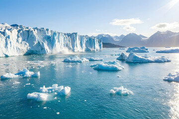 Large glacier icebergs floating in a body of water with mountains in the background under a blue sky