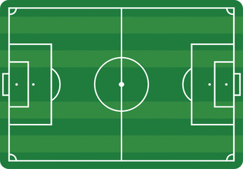 Soccer field top view illustration showing football pitch layout with markings, goals, and center circle, ideal for sports design, game strategy, and training concepts © All in one