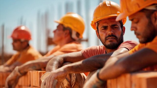 Construction workers wearing helmets rest at a building site, showcasing dedication and teamwork in their profession.