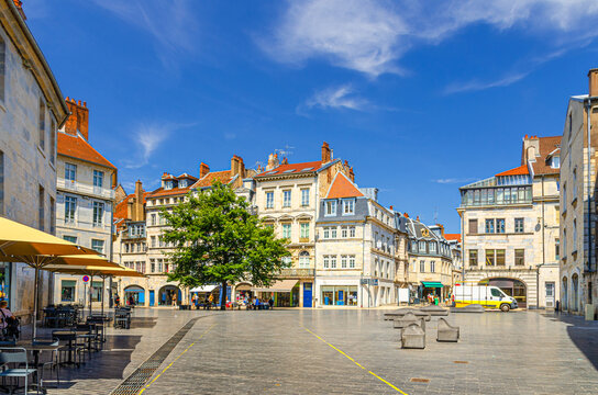 Place Pasteur square in Besancon old town centre ville with old houses, medieval buildings, street restaurants and cafes, La boucle de Besan&ccedil;on city centre, Bourgogne-Franche-Comte region, France