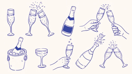 A set of blue line art drawings depicting various stages of champagne service, including full bottles, glasses being filled, hands holding glasses for a toast, a bottle opening with a cork popping. © SWEET