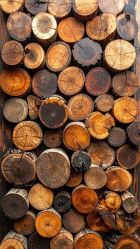 A tightly stacked wall of various-sized, weathered wood logs displaying rich, warm cross-sectional textures.