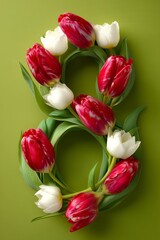 Naklejka premium Red tulips arranged in the shape of an eight on a green background for International Women's Day celebration