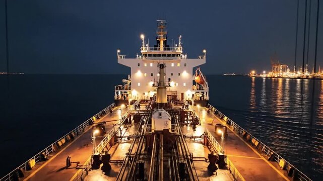 Maritime transport at night, large cargo ship on the sea with illuminated deck and distant port lights