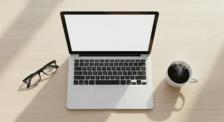 A laptop computer sits on a desk with a cup of coffee and glasses beside it.