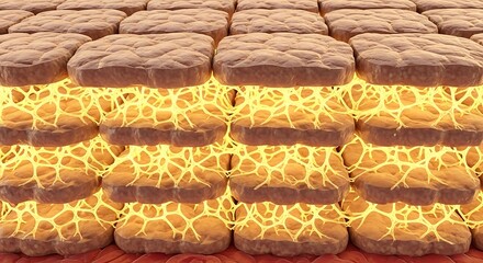 Electricity flowing through brown cubical blocks with yellow network