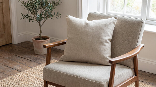 Blank beige square linen cushion pillow mockup on wooden armchair with jute rug and olive tree in rustic interior