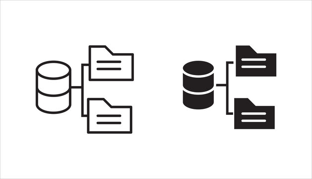 Outline icon showing a database connected to files, representing data storage, database management, and document organization in digital systems.