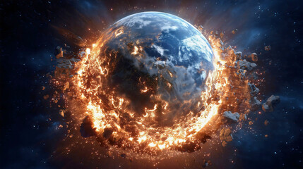 Obraz premium Planet Earth exploding in deep space, apocalyptic world end concept, global destruction with fire and debris, cosmic disaster background.