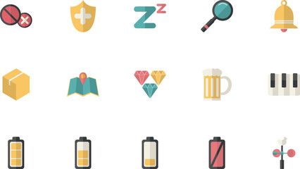 Collection of various icons representing different concepts and objects, including symbols, objects, and abstract ideas displayed in a grid