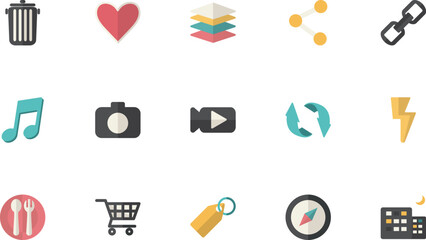 A collection of icons representing various concepts including technology, entertainment, and lifestyle on a clean background from a straightforward viewpoint