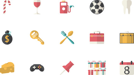 Colorful vector icon set for web and mobile apps covering business school travel sport maps books and music