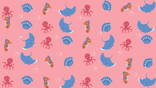 Seahorses, octopi, stingrays, seashells on pink background pattern. Perfect for stationery, textiles, childrens products, and beachthemed designs.