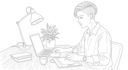 A woman sitting at a desk with laptop and digital tablet working and writing  modern workspace setup with office supplies