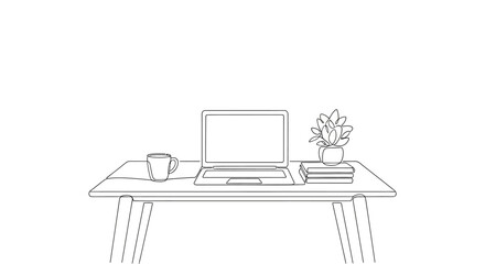 line drawing of a desk with a laptop computer and a cup of coffee and a plant