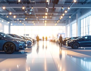 Modern car showroom floor featuring rows of dark sedans under bright overhead lighting.