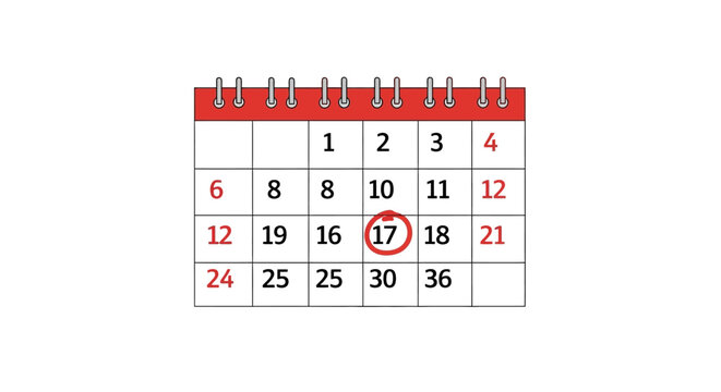 Spiral bound calendar page with dates and numbers marked on white background  office supplies