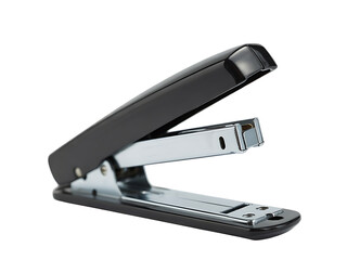 Black and silver metal stapler is standing upright with its jaws open slightly, ready to hold papers together for office work