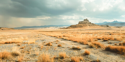 A wide desert landscape with dry grasslands and a solitary ancient ruin on a rocky hill under a dramatic cloudy sky.