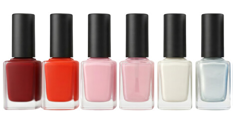 Obraz premium Assortment of six colorful nail polish bottles with black caps, isolated on white.
